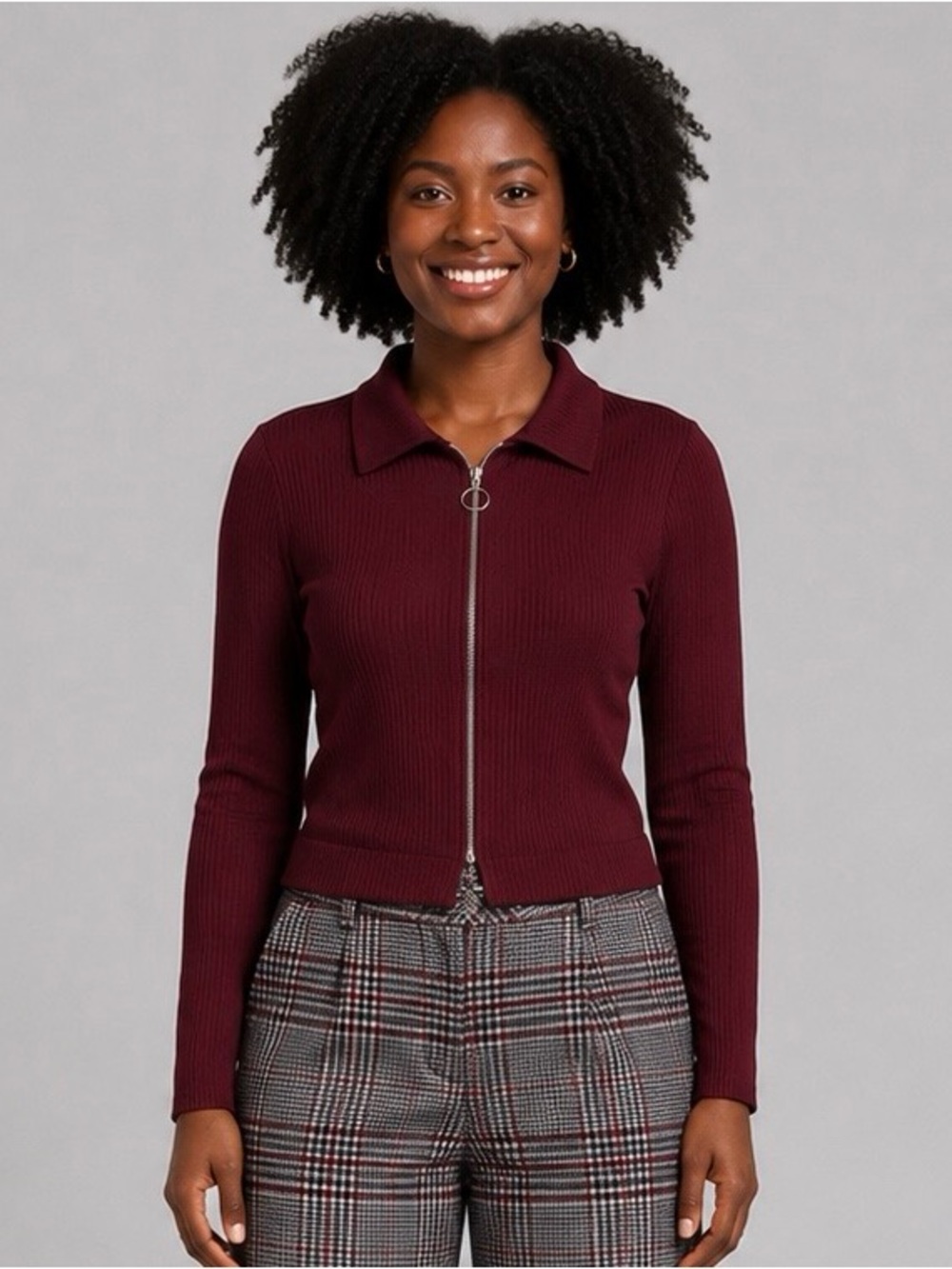 Ava & Viv Burgundy Ribbed Zip-Front Long Sleeve Top